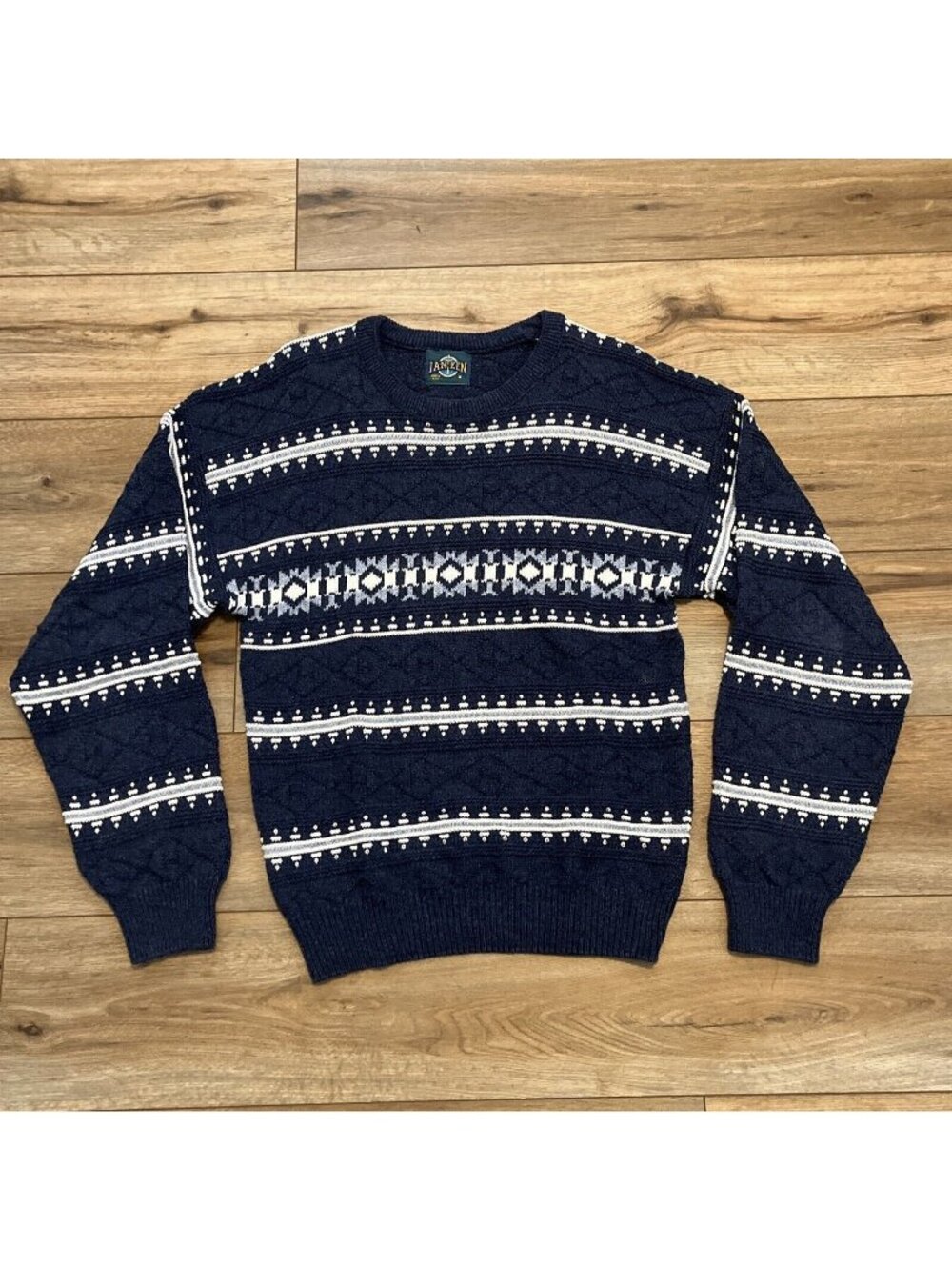 Men's Jantzen Sweater SZ Medium Crew Neck Blue USA Made Vintage Tribal Stripe
